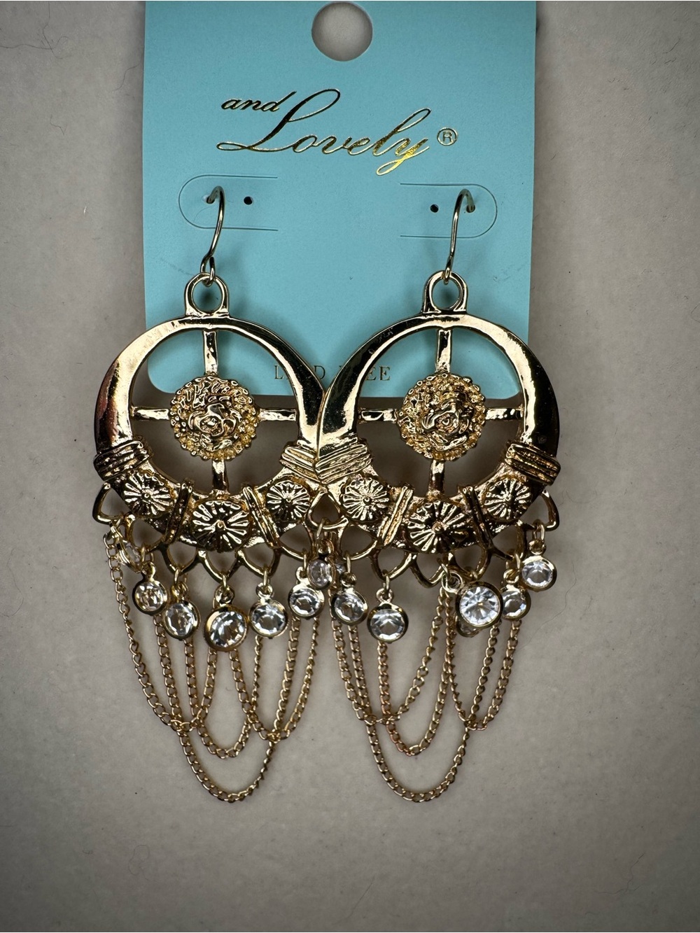 New And Lovely Gold tone Floral and chain Dangle Earrings with Crystal Accents